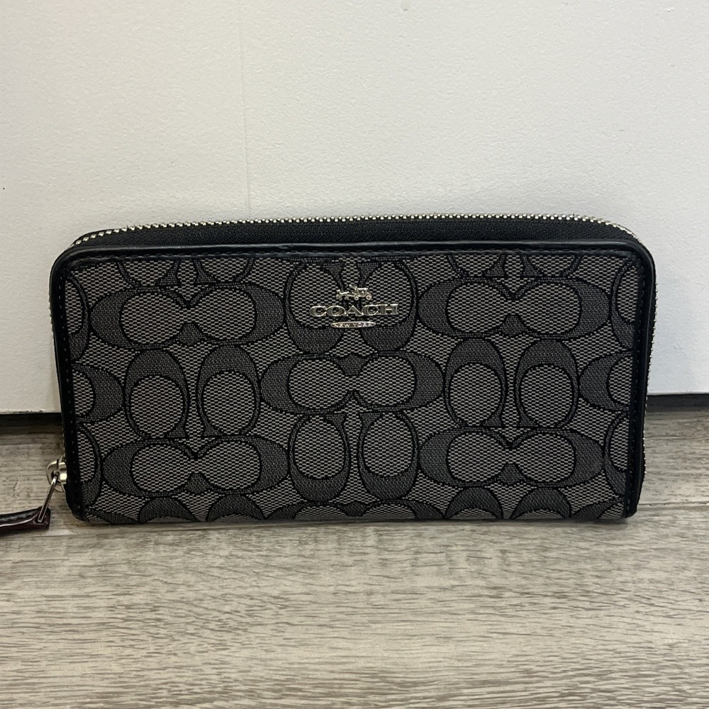Coach Charcoal Black Signature Canvas Accordion Zip Around Long Wallet